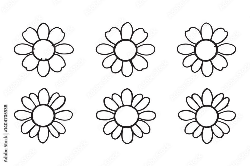 Set of 6 pec in two row Sunflower black line art on white background Set of 6 pec in two row Sunflower black line art on white background