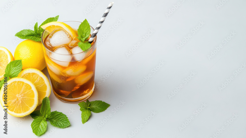 Fototapeta premium Refreshing iced tea with lemons and mint leaves