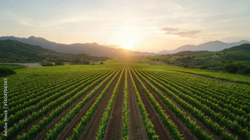 Lush vineyard rows stretch under golden sunset, creating serene landscape Lush vineyard rows stretch under golden sunset, creating serene landscape