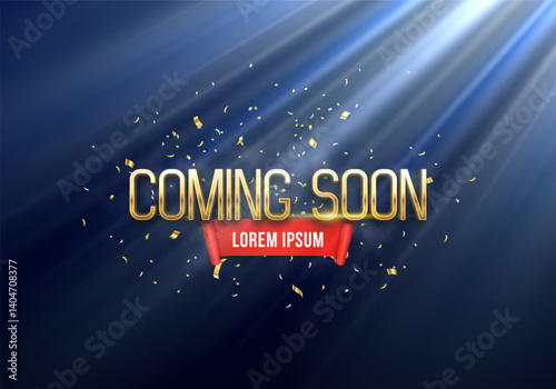 Coming Soon. Banner with confetti and red ribbon illuminated by spotlights. Ceremony presentation. Vector illustration.