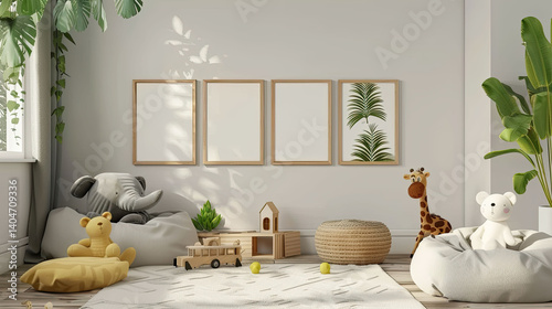 Kids room in tropics style with white empty posters on the wall. African animals around. Interior mockup