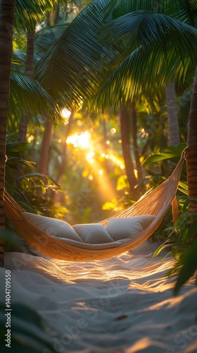 Golden light pours through dense palms onto a hammock nestled in soft sand beneath the trees