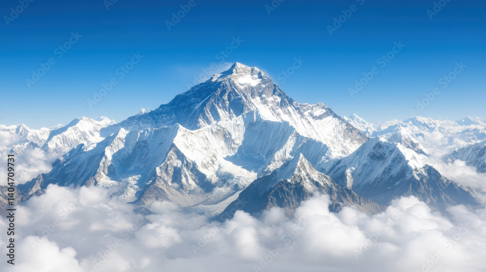Majestic snow covered mountain peaks rise above clouds under clear blue sky Majestic snow covered mountain peaks rise above clouds under clear blue sky