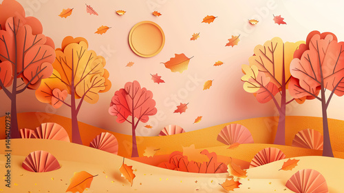 Autumn landscape with falling leaves in paper cut style. Background for seasonal design