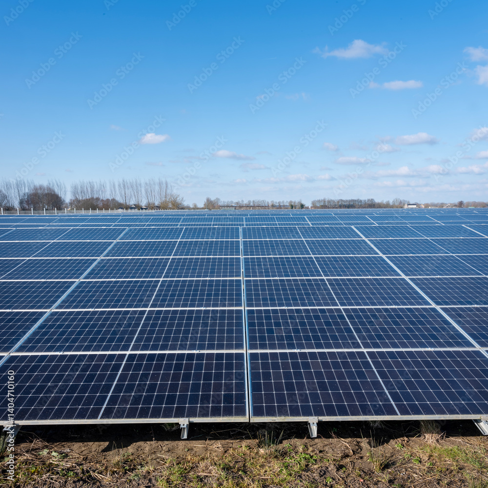 solar panel field under blue sky with fluffy clouds in dutch area near utrecht in holland solar panel field under blue sky with fluffy clouds in dutch area near utrecht in holland