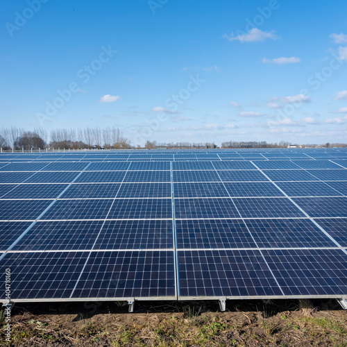 Obraz na płótnie solar panel field under blue sky with fluffy clouds in dutch area near utrecht in holland w salonie