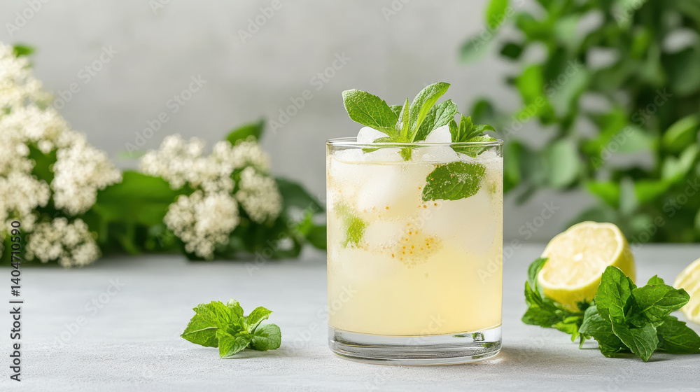 Refreshing cocktail with mint and lime, garnished with fresh herbs Refreshing cocktail with mint and lime, garnished with fresh herbs