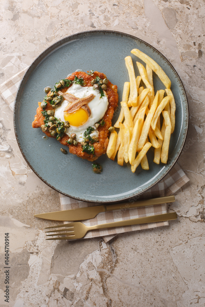 German Schnitzel holstein serve with a fried egg, anchovy and lemony caper sauce close up on the plate on the table. Vertical top view from above