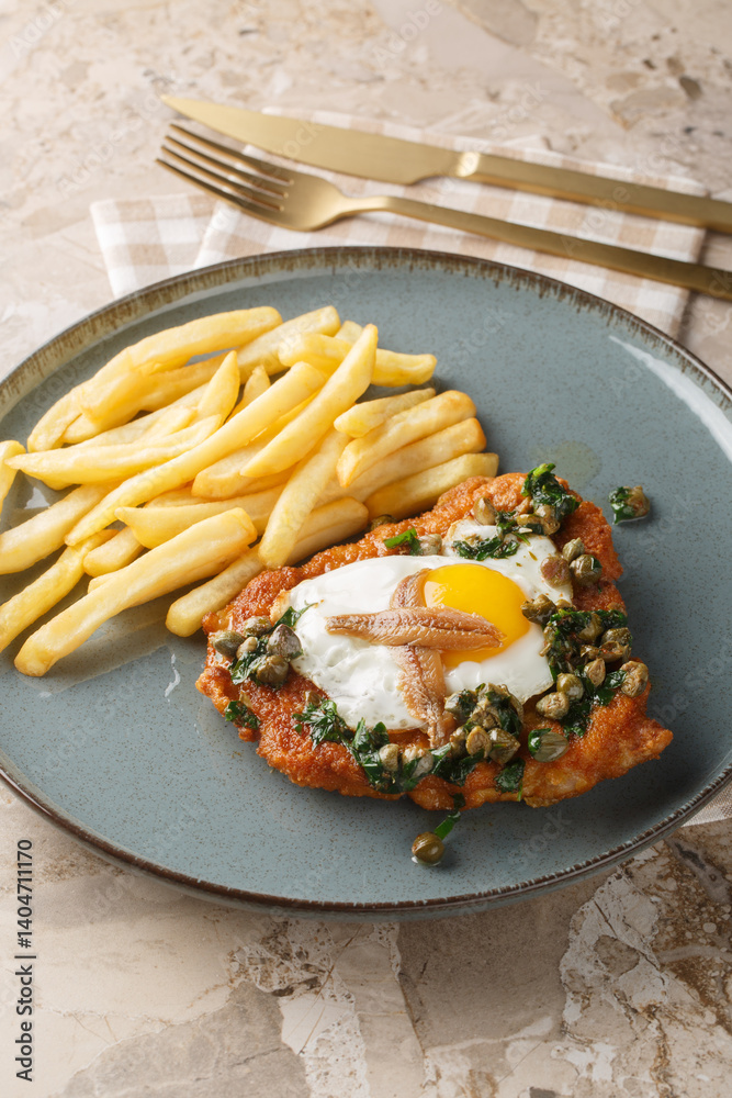 German Schnitzel holstein serve with a fried egg, anchovy and lemony caper sauce close up on the plate on the table. Vertical