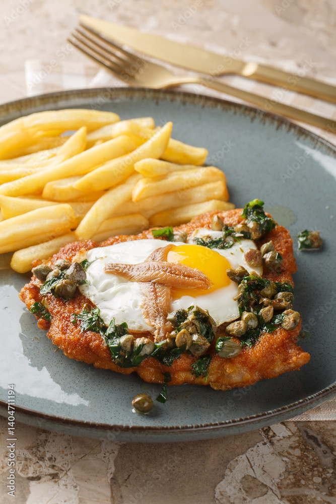 Schnitzel Holstein topped with a fried egg, anchovies, capers and lemon parsley brown butter served with fries close up on the plate on the table. Vertical