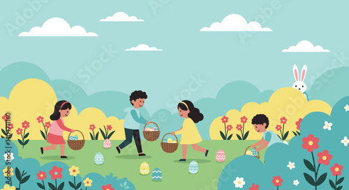 Children with baskets searching for colorful eggs hidden in a garden. Easter egg hunt