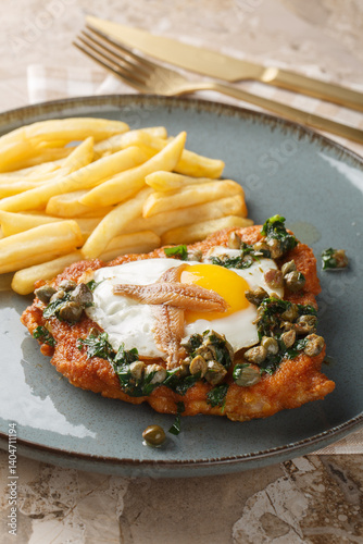 Obraz na płótnie Schnitzel Holstein topped with a fried egg, anchovies, capers and lemon parsley brown butter served with fries close up on the plate on the table. Vertical w salonie