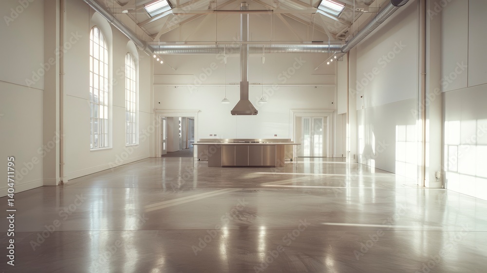Naklejka premium Spacious modern interior of a well-lit room with polished concrete floors and large windows