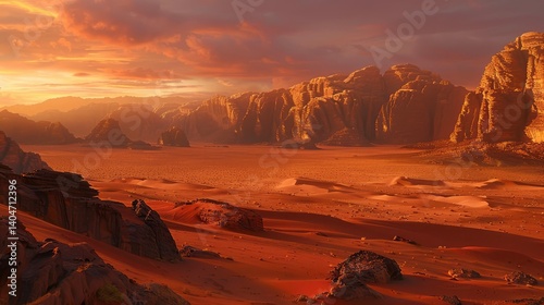 Majestic desert landscape at sunset with towering rock formations and dramatic clouds in the background