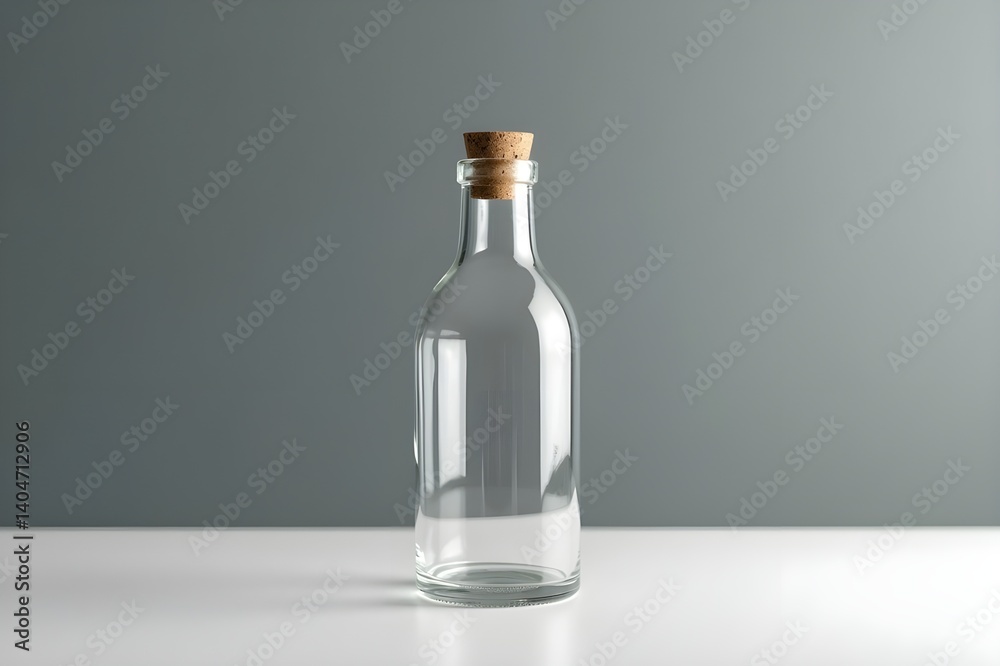 Clean Minimalist Clear Glass Bottle with Cork Stopper on White Studio Surface – Photorealistic Blank Mockup for Product Design, Branding & Packaging Clean Minimalist Clear Glass Bottle with Cork Stopper on White Studio Surface – Photorealistic Blank Mockup for Product Design, Branding & Packaging