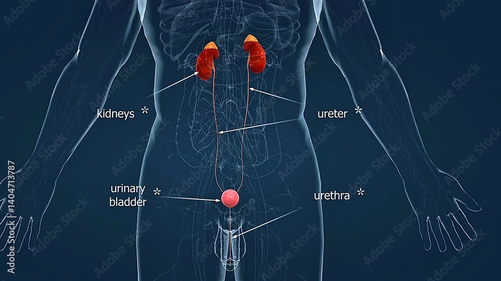 Position of kidneys, ureter, urethra and urinary bladder in the body ...