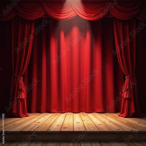 Velvet curtain, spotlight illuminates bare wooden stage , dark stage, background, velvet