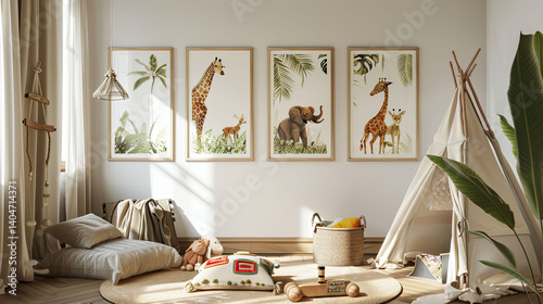 Kids room in tropics style with african animal on white posters on the wall. Interior mockup