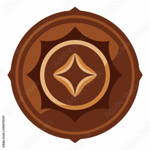 A brown chocolate coin featuring a symbol embossed on its surface.