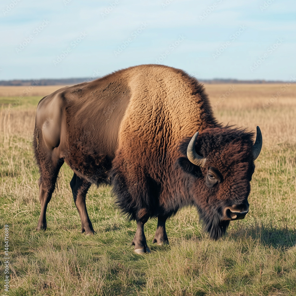 Bison Grazing on Open Prairie - Wildlife and Prairie Preservation Concept Bison Grazing on Open Prairie - Wildlife and Prairie Preservation Concept
