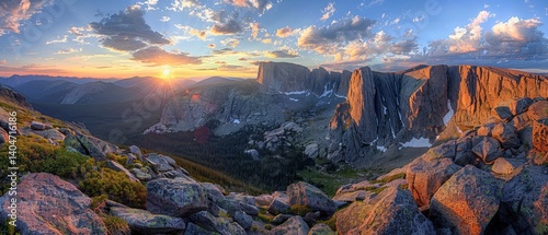 Majestic sunset over rocky mountains with vibrant clouds and lush valley, showcasing nature's beauty