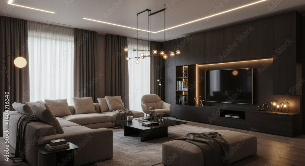 Fototapeta premium Luxurious minimalist family room with dark wood, stone, and cozy modern elements