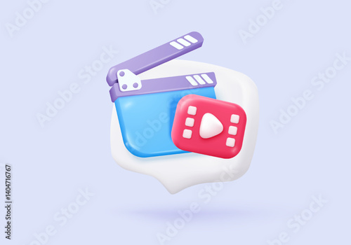 3d social media video player in speech bubble. Red round play buttons for start multimedia with simplicity colorful video concept, audio playback. 3d watch buttons icon vector rendering illustration