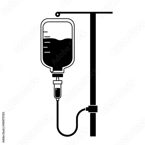 IV Drip Stand: A medical IV drip bag hanging on a stand, a sterile medical device for intravenous fluid administration.