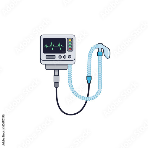 Medical Oxygen Therapy Equipment:  This  vector illustration depicts a modern medical oxygen therapy machine with a vital sign monitor and an oxygen mask, showcasing essential healthcare technology.