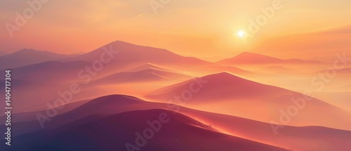 Serene sunrise over rolling hills with soft mist, creating a tranquil atmosphere for relaxation