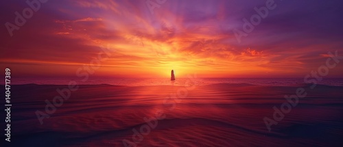 Serene silhouette of a person standing on a beach at sunset, with vibrant colors reflecting on water