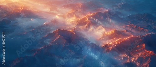 Majestic mountain landscape at sunset, with vibrant colors illuminating the peaks and valleys