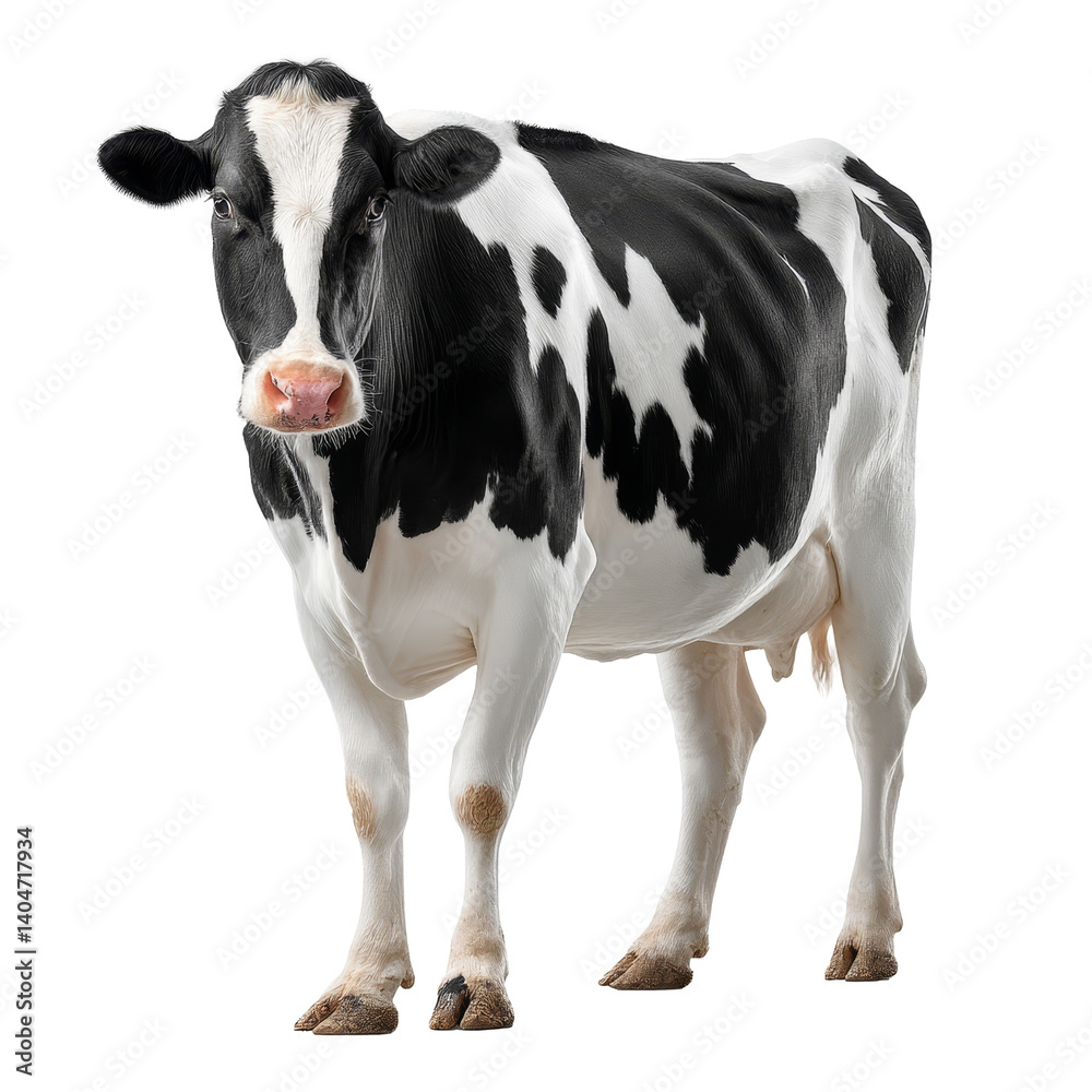 Holstein cow stands gracefully on a transparent backdrop, showcasing her vibrant black and white pattern in full detail Holstein cow stands gracefully on a transparent backdrop, showcasing her vibrant black and white pattern in full detail