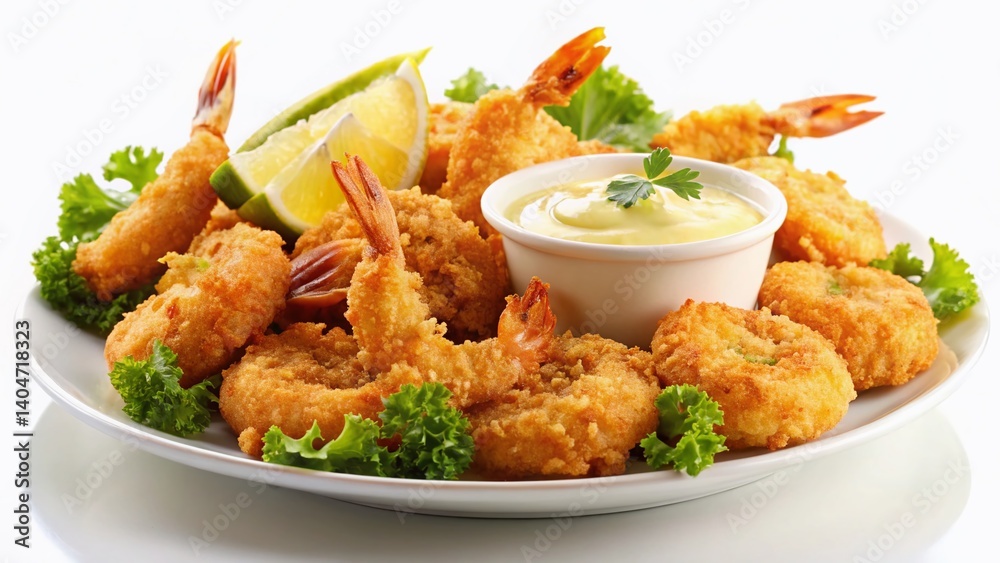 Fototapeta premium Crispy Fried Shrimp Platter: A delectable arrangement of golden-fried shrimp served with a side of creamy dipping sauce, garnished with fresh lime and lettuce.
