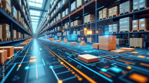Inventory management order tracking concept. A futuristic warehouse scene featuring digital elements, showcasing organized shelves filled with boxes and a tech-inspired floor design.