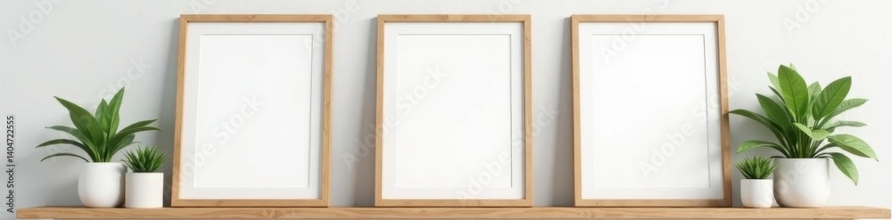 Three blank picture frames above a wooden shelf with plants and decorative objects , empty frame mockup, frame template Three blank picture frames above a wooden shelf with plants and decorative objects , empty frame mockup, frame template