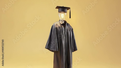 A graduation gown and cap. The figure has a lightbulb head, radiating bright innovation on a yellow backdrop, symbolising ideas