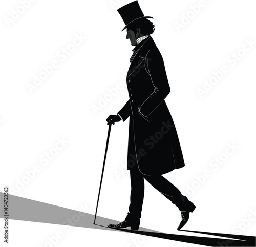 Victorian Gentleman Silhouette – Top Hat Walking Pose Vector Illustration