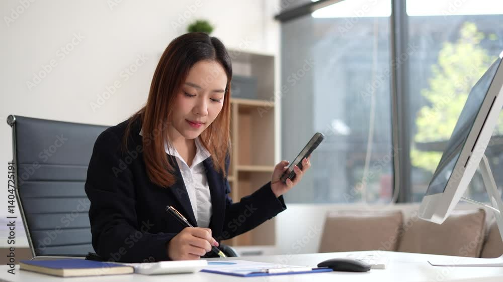 Businesswoman working on calculator to calculate financial data report, accountancy document and smartphone, laptop computer at office, business concept. Businesswoman working on calculator to calculate financial data report, accountancy document and smartphone, laptop computer at office, business concept.