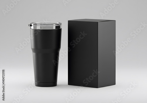 Black insulated stainless steel tumbler packaging mockup photo