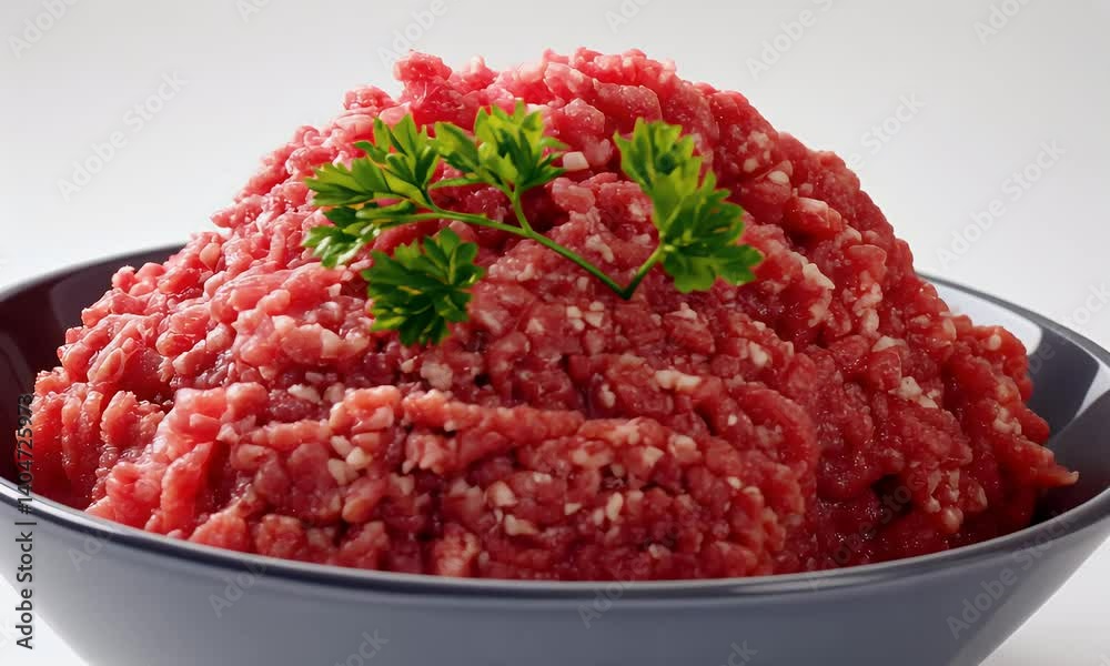 Bowl of uncooked ground meat, garnished with green parsley. Preparation for cooking. Bright studio light for food photography Bowl of uncooked ground meat, garnished with green parsley. Preparation for cooking. Bright studio light for food photography