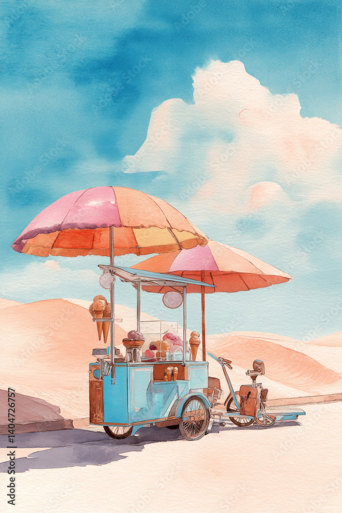 k. Watercolor illustration of a solar-powered ice cream cart with retro design elements, vibrant umbrellas, and sand dunes in the background k. Watercolor illustration of a solar-powered ice cream cart with retro design elements, vibrant umbrellas, and sand dunes in the background