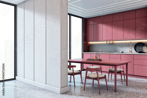 Obraz na płótnie Contemporary luxury kitchen interior with city view and elegant pink cabinetry divided by minimalist wall partition in modern apartment space. 3D Rendering w salonie