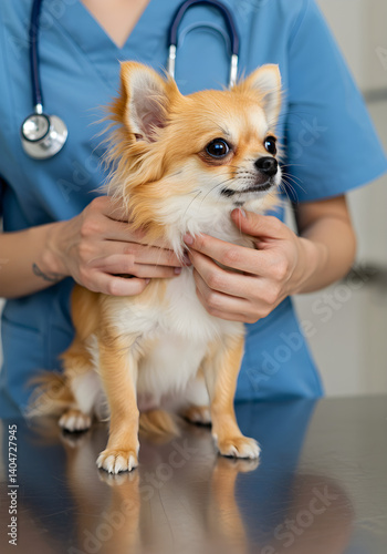 Chihuahua puppy on hands veterinarian doctor on examination table in modern clinic or animal hospital. Animal healthcare pet health checkup veterinary medicine concept Professional vet care for dog