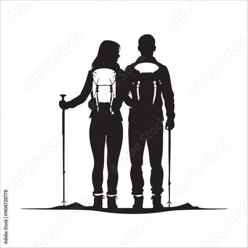 Couple Outdoors Vector Silhouette, Group of Hiking man Silhouettes. hiker with backpack and rucksacks silhouette.