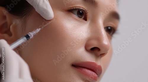 Young asian woman is getting filler her face,getting her lip filler by Plastic surgeon,Woman face being checked doctor hands to cosmetic surgery,rhinoplasty surgery in clinic.