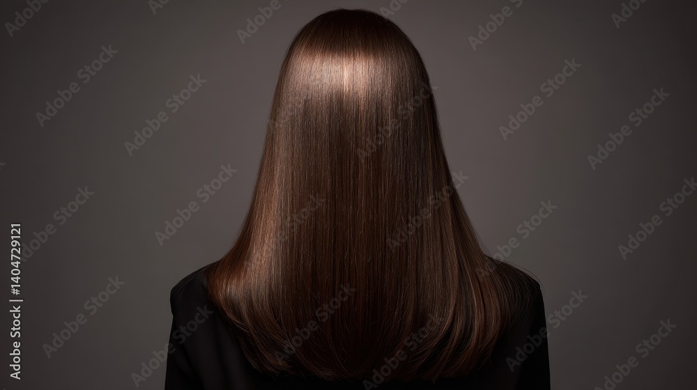 Naklejka premium Beautiful model girl with Brown hair strand,silky healthy chestnut wavy hair strand,hair wavy ribbon, with smooth,Keratin straightening,Treatment,straight long hair,procedures,Smooth hairstyle.