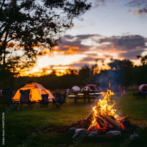 Campfire, lawn, tent site, camping tents