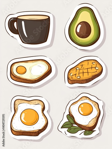 Modern food-themed stickers featuring avocado, coffee, toast, and eggs in vibrant illustration style for creative projects