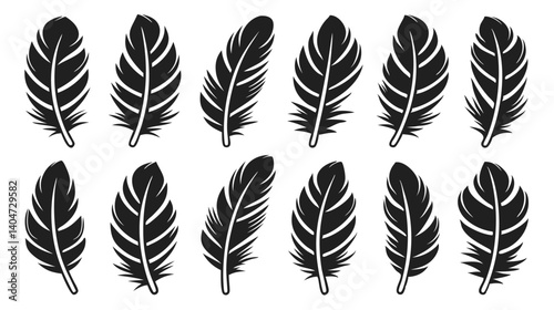 "A collection of black feather silhouettes arranged in a grid on a white background. Each feather varies in shape, size, and detailing—some are sleek and straight, others are fluffy or curved with int